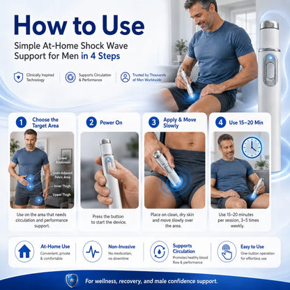 Advanced sonic shock therapy restores penile tissue health, enhances erectile hardness, stamina, and male sexual confidence, and relieves muscle pain, joint stiffness, and tendon discomfort.