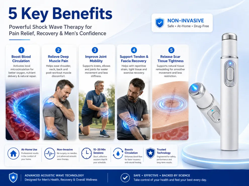 Advanced sonic shock therapy restores penile tissue health, enhances erectile hardness, stamina, and male sexual confidence, and relieves muscle pain, joint stiffness, and tendon discomfort.