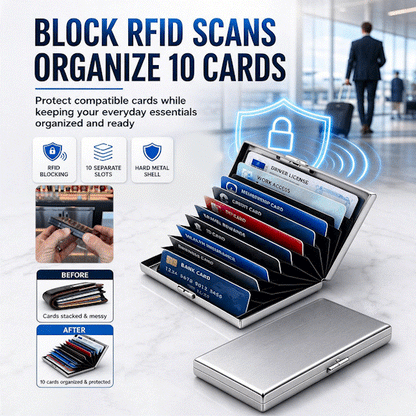 RFID Blocking Stainless Steel Card Holder – 10-Card Capacity, Slim Anti-Theft Metal Wallet