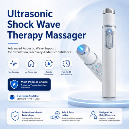 Advanced sonic shock therapy restores penile tissue health, enhances erectile hardness, stamina, and male sexual confidence, and relieves muscle pain, joint stiffness, and tendon discomfort.