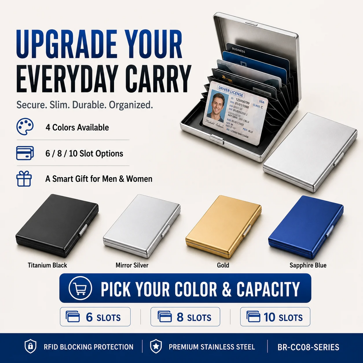 RFID Blocking Stainless Steel Card Holder – 10-Card Capacity, Slim Anti-Theft Metal Wallet