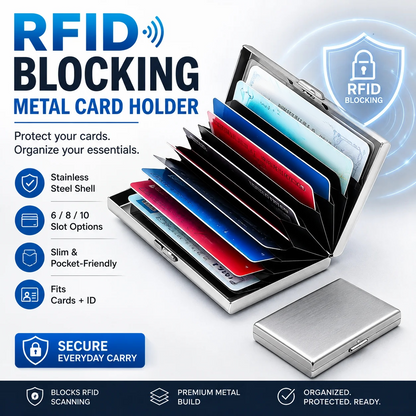 RFID Blocking Stainless Steel Card Holder – 10-Card Capacity, Slim Anti-Theft Metal Wallet