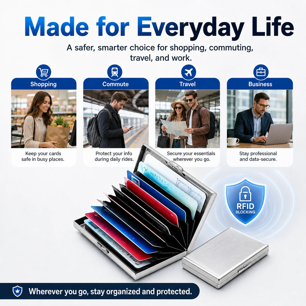 RFID Blocking Stainless Steel Card Holder – 10-Card Capacity, Slim Anti-Theft Metal Wallet