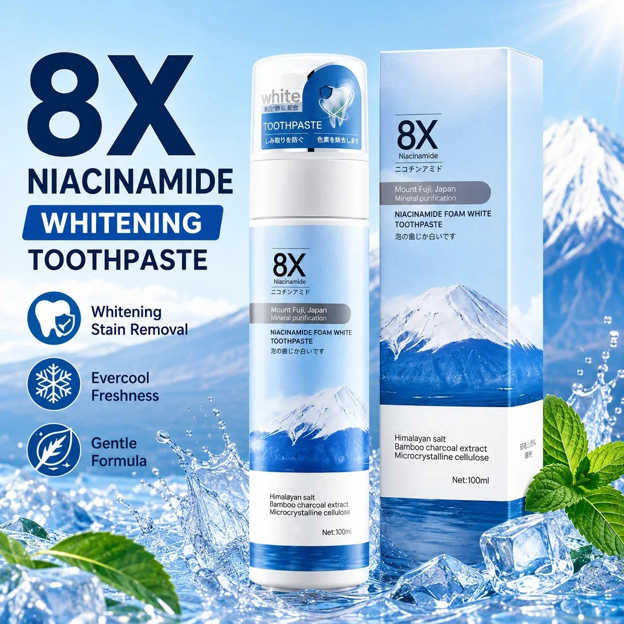 8X niacinamide whitening toothpaste with icy mountain and mint background